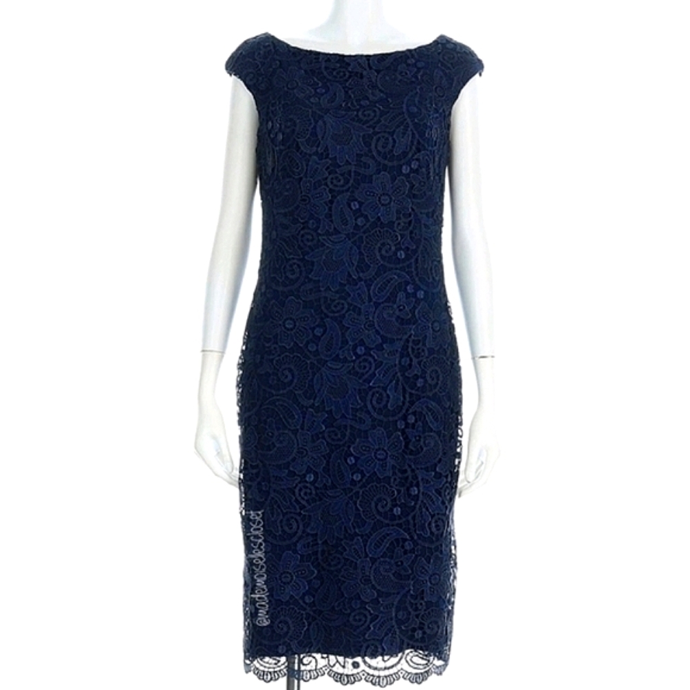 Ralph Lauren Navy with Scalloped Lace Cocktail Dress. - Picture 2 of 8